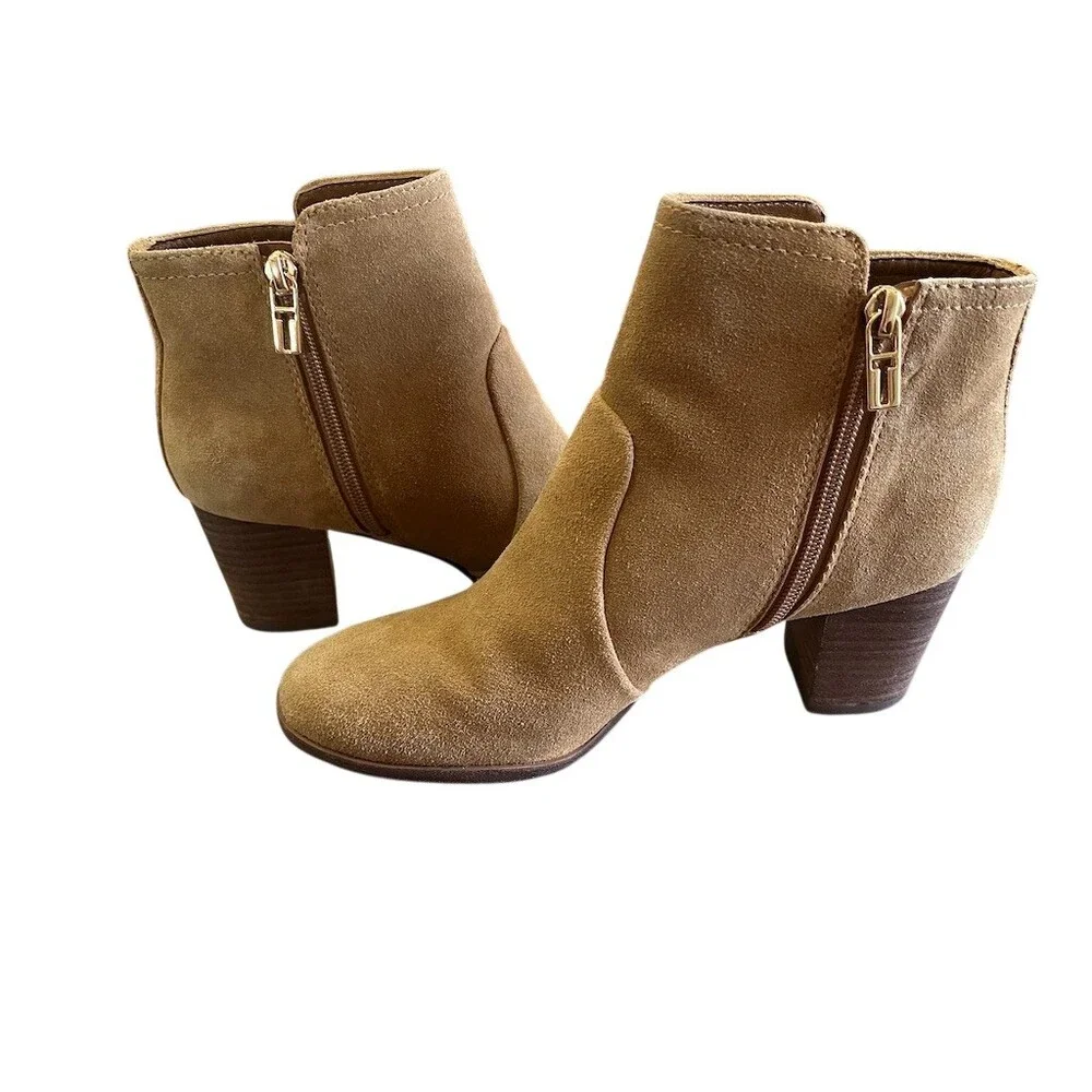 Tory Burch Ankle Booties Womens 7.5 Tan‎ Side Zip Block Heel Logo